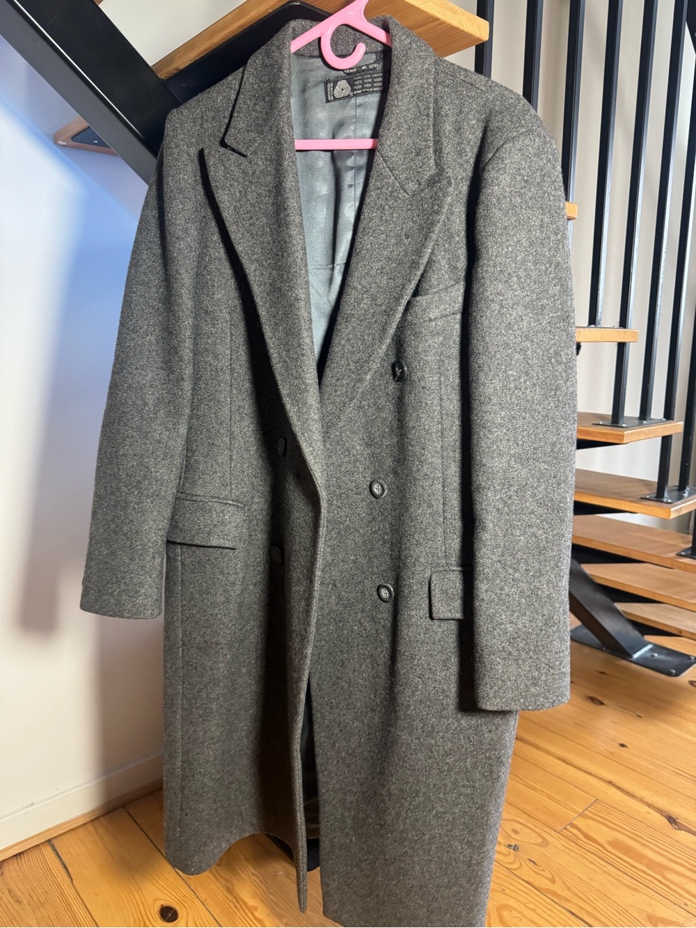 American Male Charcoal Grey Wool Long Double Breasted Overcoat